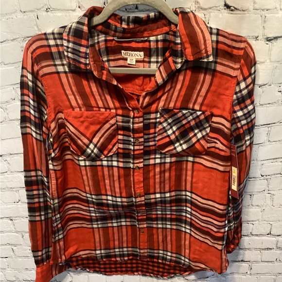 Merona Orange and Blue Plaid Shirt - Picture 1 of 2